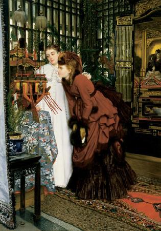 James Tissot Young Ladies Looking at Japanese Objects oil painting image